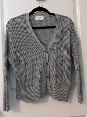 Gray Open-Knit V-Neck Button Cardigan